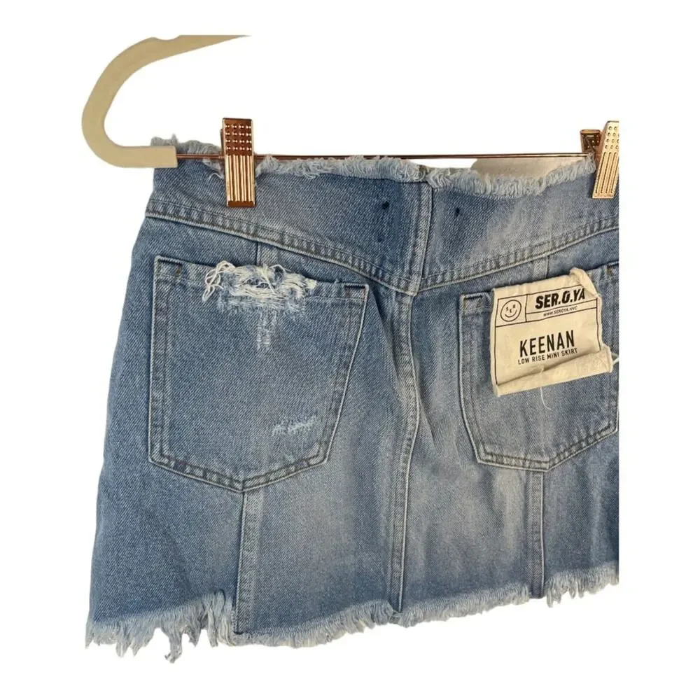 SER.O.YA Keenan Skirt Denim Distressed Raw Hem Y2K Summer Spring 100% Cotton 25